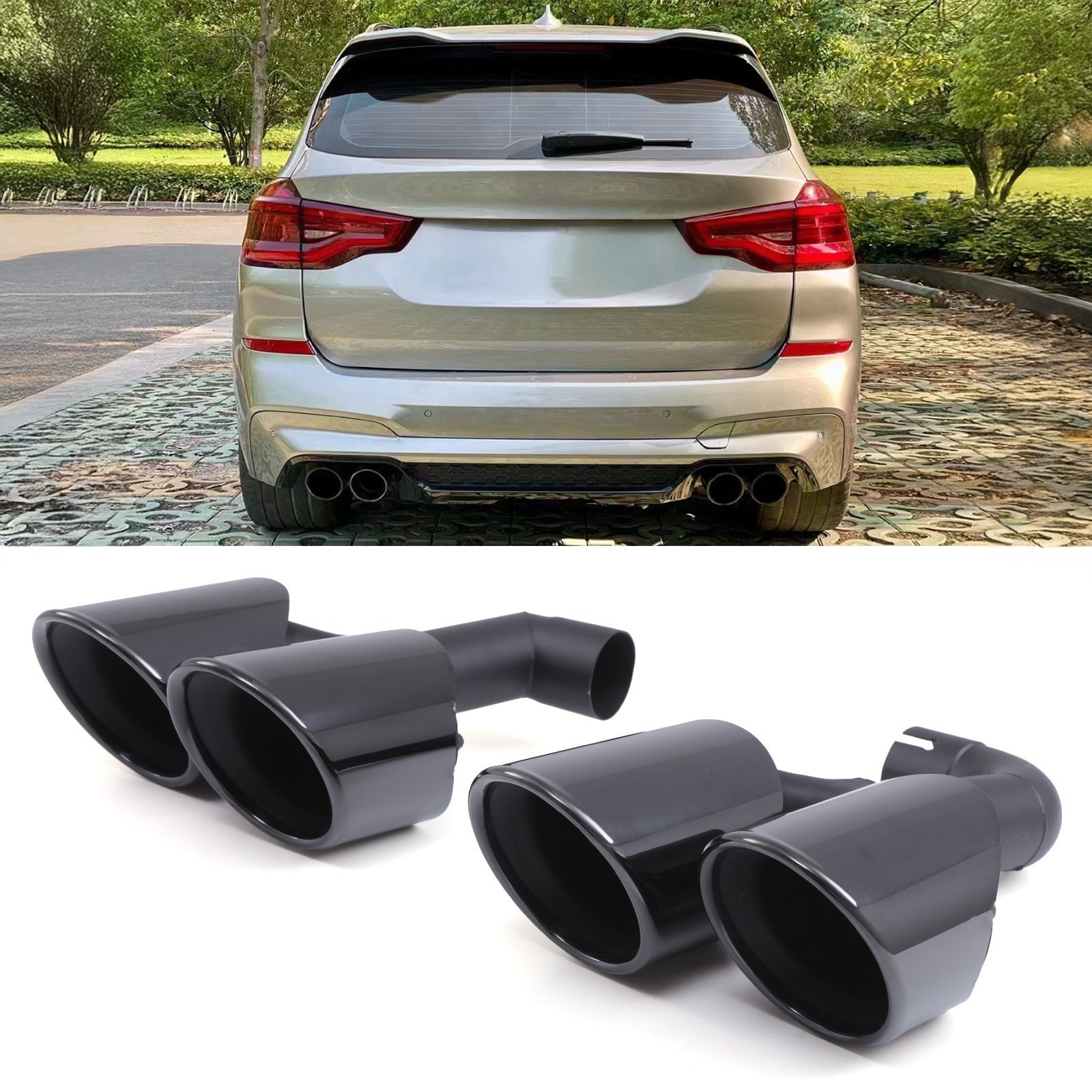 Gloss black X3M style exhaust tailpipes designed for BMW X3 G01 2.0L Pre-LCI (2018-2021), featuring a sleek, modern design with a polished finish and dual outlet configuration.