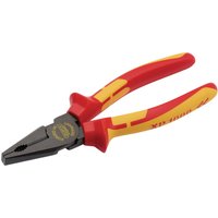 Red and yellow XP1000 VDE Hi-Leverage Combi Pliers, 180mm with insulated grips and black serrated jaws.