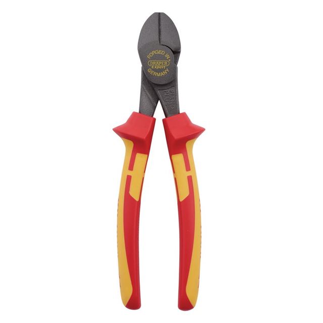 Draper 94634 XP1000 VDE Hi-Leverage Side Cutter features red and yellow rubber grips, a black steel cutting head, and a forged design for durability, measuring 200mm in length.