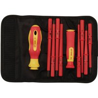 Red and yellow XP1000 VDE screwdriver set with interchangeable blades in a black carrying case.