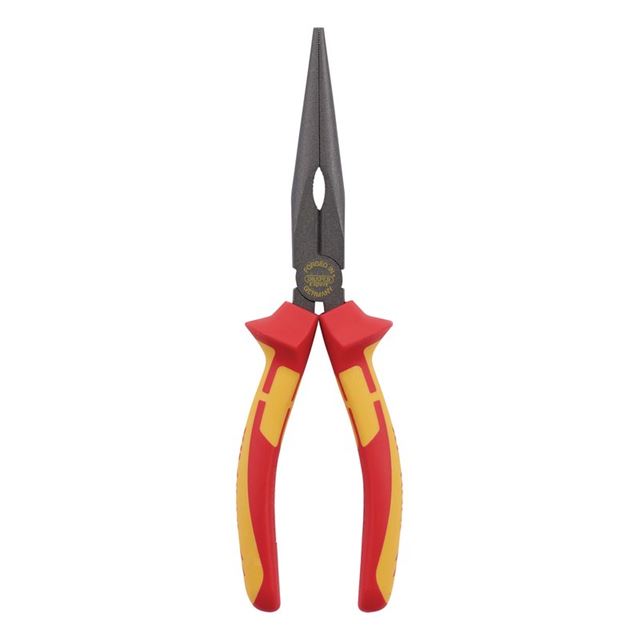 Draper 94627 XP1000 VDE long nose pliers, 200mm, featuring red and yellow rubberized grips, a sleek black steel head, and tapered jaws for precision handling.
