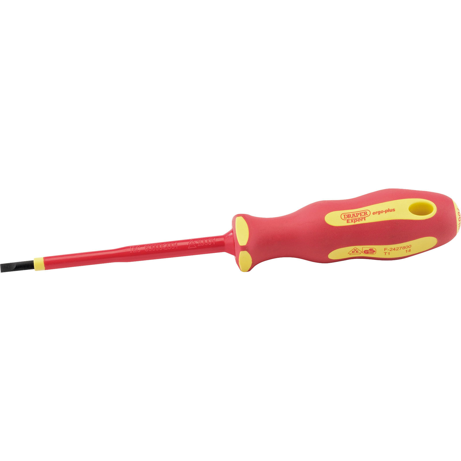 Red and yellow insulated handle screwdriver with a plain slot tip, measuring 4.0 x 100mm, featuring a comfortable grip and VDE certification for electrical safety.