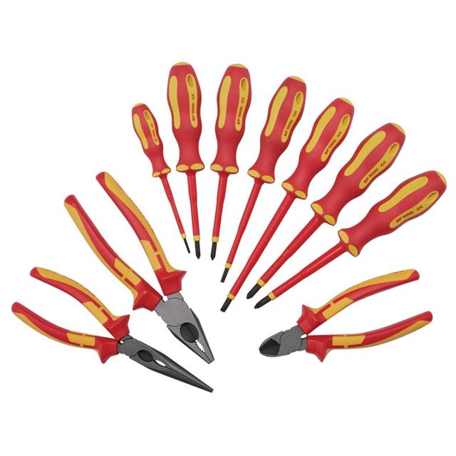 Ten-piece Draper XP1000 VDE screwdriver and pliers set featuring red and yellow ergonomic handles, including various screwdriver sizes and both needle-nose and combination pliers.
