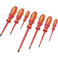 XP1000 VDE Screwdriver Set with red and yellow insulated handles, featuring seven different sizes.