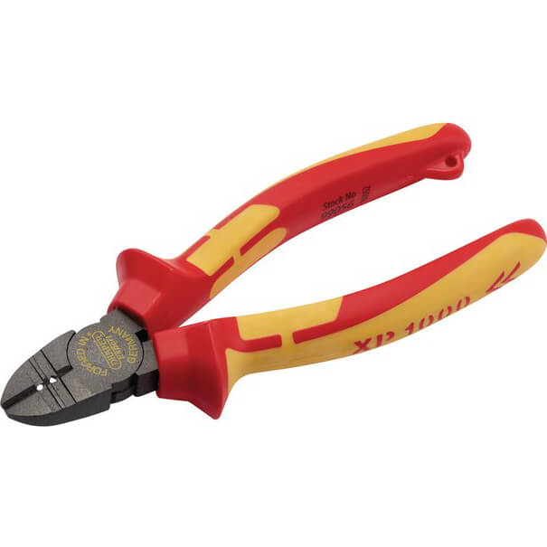 Red and yellow insulated handles with a textured grip, featuring a steel cutting edge and a tethered design, labeled "XP1000" on the side for the Draper 99056 VDE side cutter/stripper.