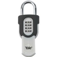 Yale 4 Digit Combination Padlock with black sliding cover and silver shackle, featuring a white body.