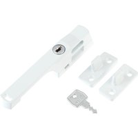 White Yale lockable window handle with keyhole, two mounting plates, and a silver key.