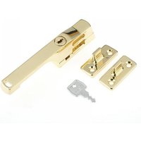 Polished brass lockable window handle with key and mounting plates, Yale Locks 710115005166 model.