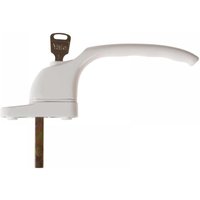 White Yale window handle with curved grip, keyhole, and included key, designed for Pvcu windows.
