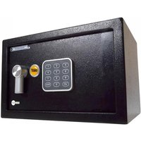 Black Yale medium safe with digital keypad, silver handle, and yellow Yale logo.