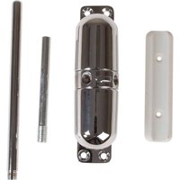 Chrome Yale surface-mounted door closer with cylindrical body, mounting plate, and two metal rods.