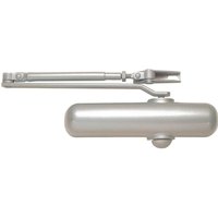Silver Yale P2002 door closer with cylindrical body and adjustable arm mechanism.