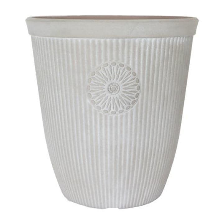 Tall planter in pebble white with a textured ribbed design and a floral emblem, made from durable material, ideal for indoor or outdoor plants.