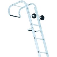 Silver Zarges industrial roof ladder with 17 rungs, curved hooks, and wheels, measuring 5.55 meters.