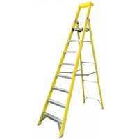 Yellow Zarges platform ladder with 8 rungs, 1.88m height, non-slip treads, and safety rail.