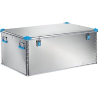 Silver ZARGES storage box, 414L capacity, with blue corner protectors, metal handles, and latches, 1200x800x510mm.