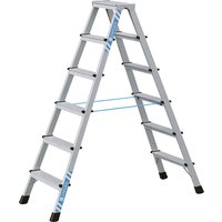 Aluminum ZARGES double-sided ladder, 2 x 6 steps, black rubber feet, blue safety straps.