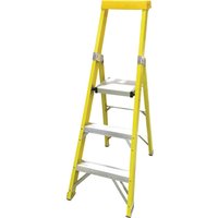 Yellow Zarges platform steps with three wide silver treads and a sturdy top rail for safety and stability.