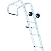 Zarges industrial roof ladder with curved safety rails, stabilizing wheels, and non-slip rungs.