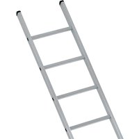 Aluminum Zarges industrial single ladder with four rungs and black end caps.