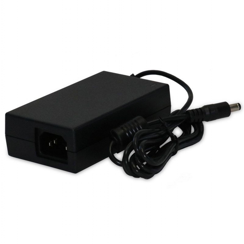 Black power adapter with a rectangular shape, featuring a single output cable and connector, designed for indoor use, labeled with the Zebra logo.