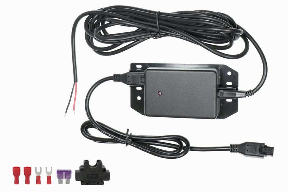 Black power adapter/inverter with a rectangular body, red LED indicator, and multiple connection wires, accompanied by various colored connectors and a mounting clip.