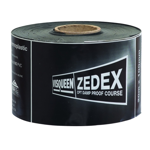 Black roll of Zedex Damp Proof Course, measuring 450mm x 20m, featuring a glossy finish and clear white branding on the side, designed for moisture protection in construction.