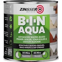 Zinsser B-I-N Aqua white 1L can, water-based primer-sealer, green and white label with application images.
