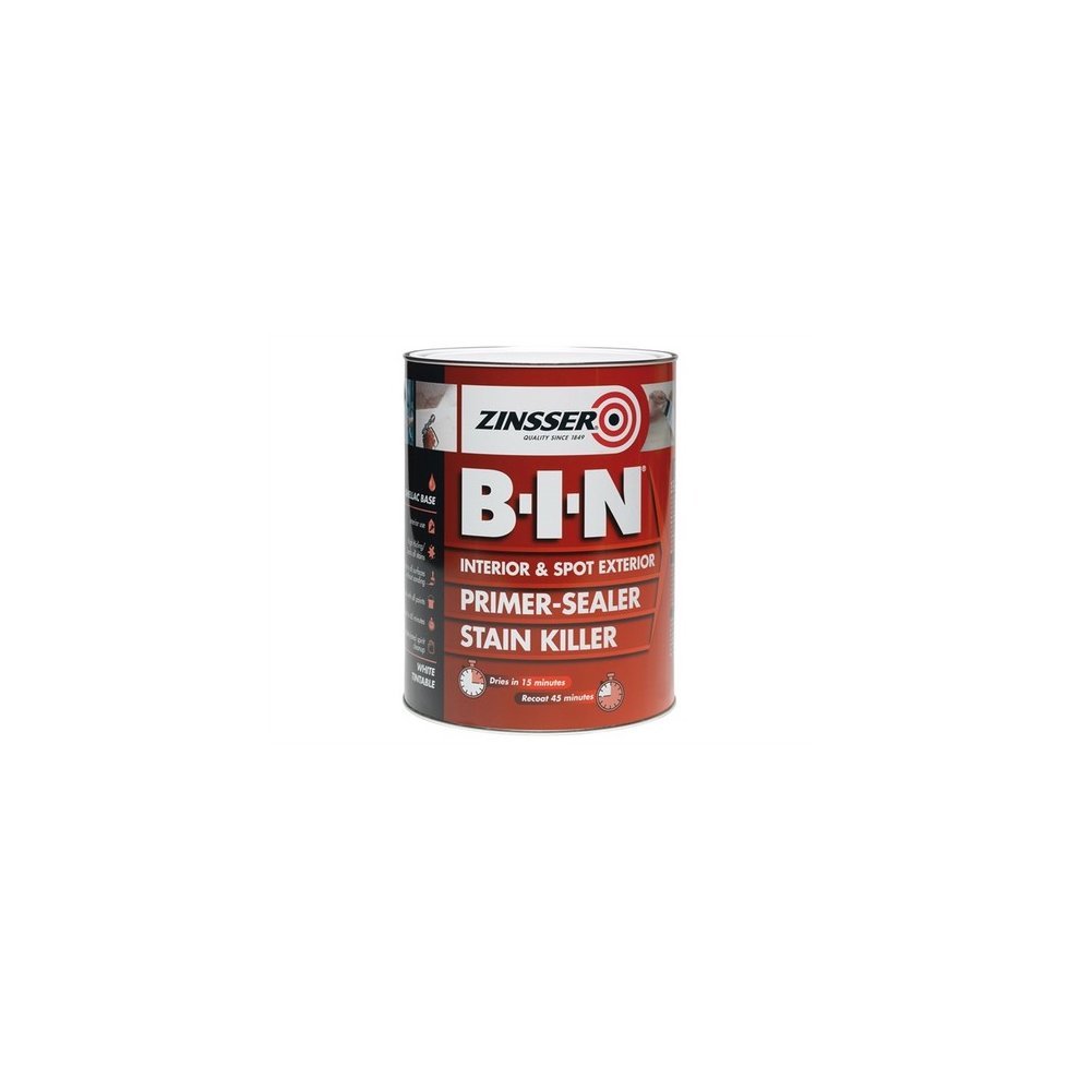 Zinsser B.I.N® Primer & Sealer Stain Killer in a 500ml metal can, featuring a bright red and white label with bold text, designed for interior and exterior use.