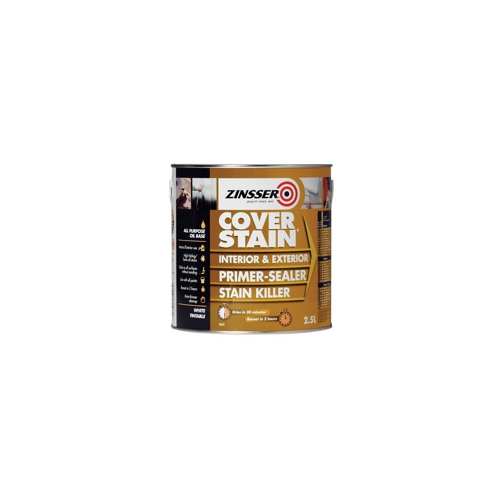 Zinsser Cover Stain® Primer-Sealer in a 2.5-litre metal can, featuring a gold and black label with text highlighting its use for interior and exterior surfaces.