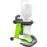 Green Zipper ZI-ASA550E 75L dust extractor with black base, white filter bag, and flexible hose on wheels.
