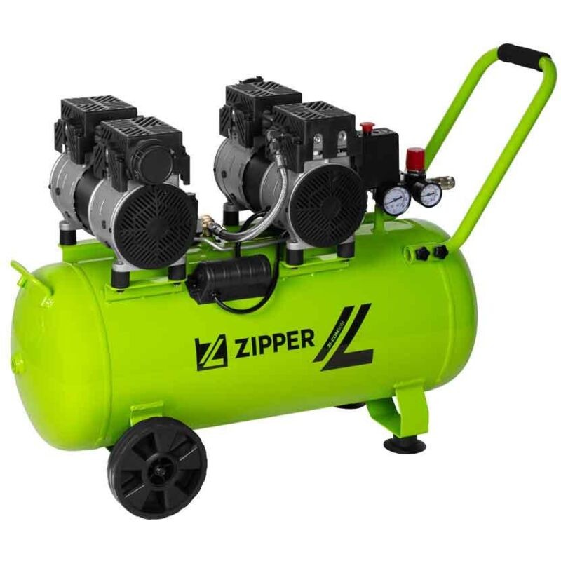 Bright green air compressor with a 50-liter tank, featuring dual motors, a pressure gauge, and a sturdy handle for portability, mounted on black wheels.