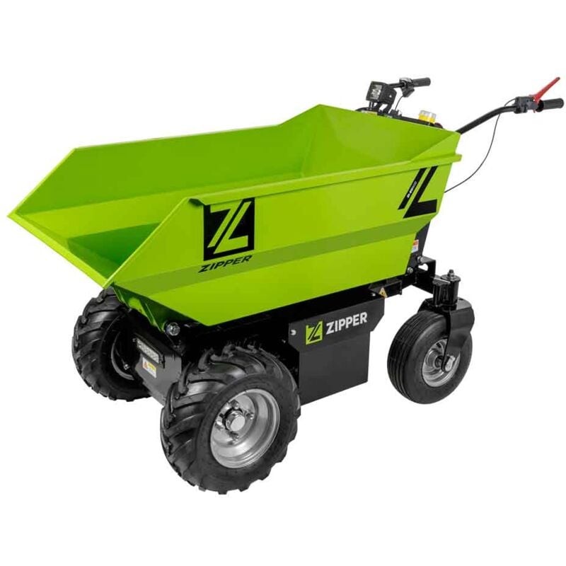 Bright green electric dumper with a large, open cargo bed, sturdy black wheels, and a handlebar for steering, featuring the Zipper logo prominently displayed on the side.