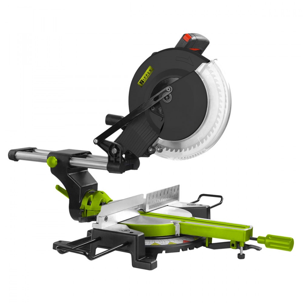 Zipper KGS305UK sliding mitre saw in black and green, featuring a 305 mm blade, adjustable leg stand, and a sturdy base for precise cutting at various angles.