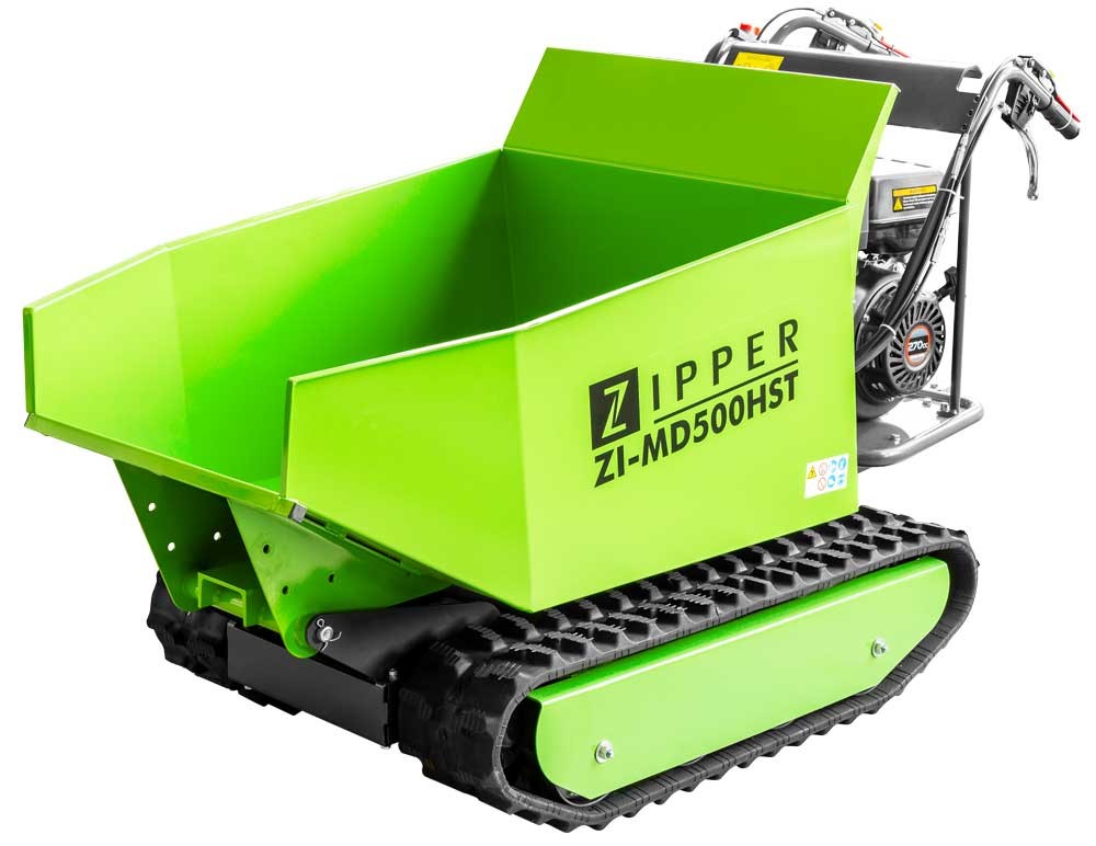 Bright green Zipper Zi-MD500HST mini dumper with a large open bucket, rubber tracks for mobility, and a rear engine compartment, designed for efficient material transport.