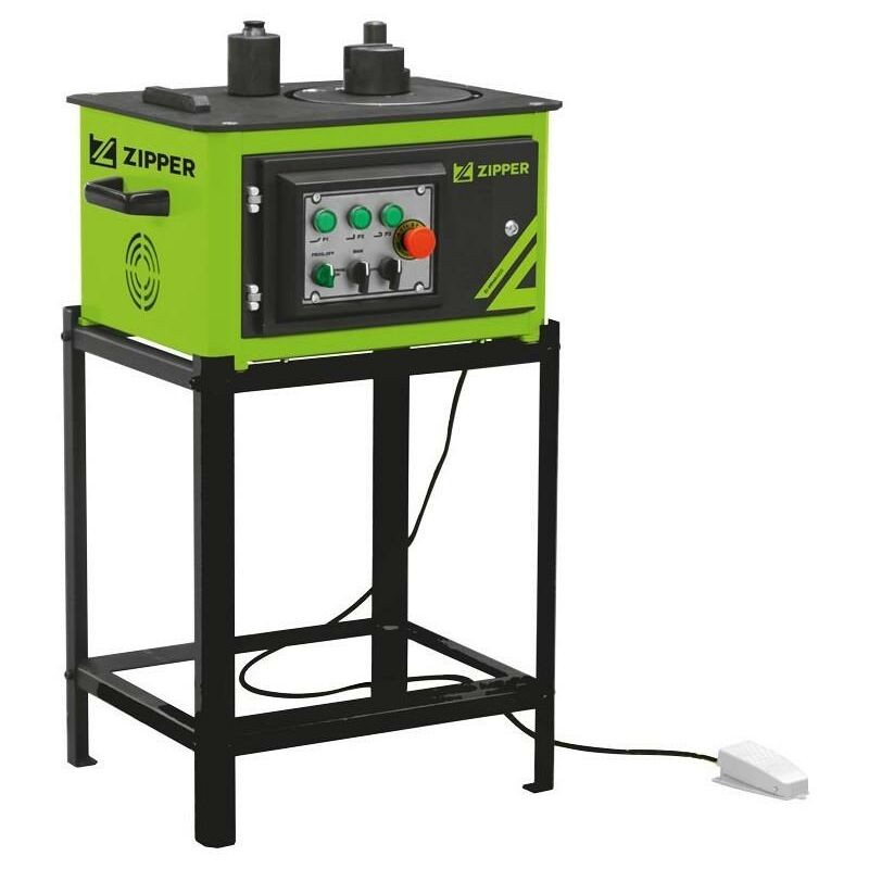 Green and black metal rebar bender with a control panel featuring buttons and a foot pedal, mounted on a sturdy black stand.