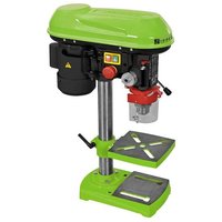 Green Zipper 13mm bench pillar drill with black motor housing and adjustable metal work table.