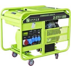Bright green portable generator with a sturdy frame, featuring multiple power outlets, a control panel, and wheels for mobility, labeled "Zipper ZI-STE11000."