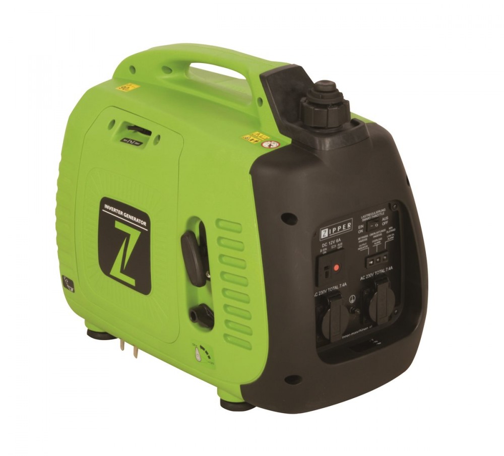 Bright green and black Zipper STE2000IV 1.9 KW inverter generator features a compact design, a carrying handle, and multiple output ports on the back for versatile power options.