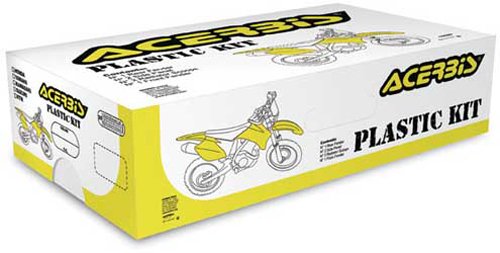 Acerbis Standard Plastics Kit for Kawasaki KX85 (1998-2013) featuring green and white plastic components, packaged in a yellow and white box with illustrations of a motorcycle.