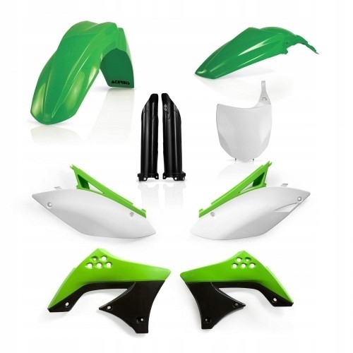 Acerbis Full Plastics Kit for Kawasaki KXF450 (2009-11) featuring green, white, and black plastic components including fenders, side panels, and number plates.