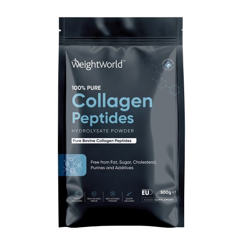 Black resealable pouch containing 500g of 100% Hydrolysed Bovine Collagen Peptides powder, labeled with blue and white text, highlighting purity and health benefits.
