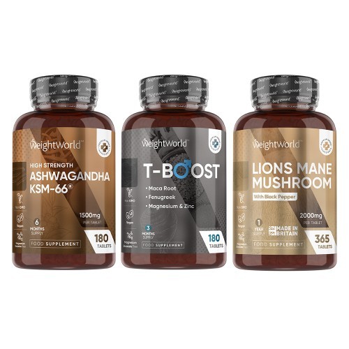 Three brown bottles of WeightWorld supplements: Ashwagandha KSM-66, T-Boost, and Lion's Mane Mushroom, each with distinct labels and containing 180 tablets, set against a white background.