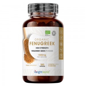 Brown glass bottle with a black lid, labeled "Organic Fenugreek" in green and white, featuring a wooden spoon graphic, containing 180 vegan capsules, Soil Association certified.