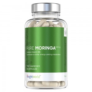 Clear bottle containing beige vegan capsules, labeled "WeightWorld Organic Moringa Capsules 1650mg," with a green and white design, highlighting a 2-month supply and Soil Association certification.