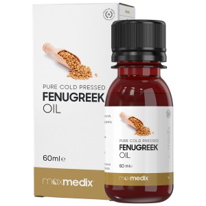 Brown glass bottle of Maxmedix Fenugreek Oil with a black cap, featuring a white label and a box with a wooden scoop and fenugreek seeds illustration, all set against a plain background.