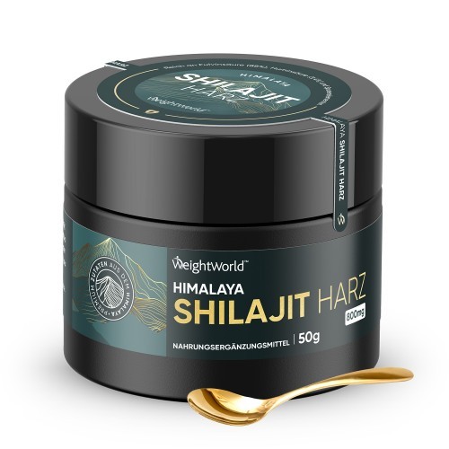 Black jar with gold accents labeled "100% Pure Himalayan Shilajit Resin 50g" by WeightWorld, accompanied by a golden spoon on the side.