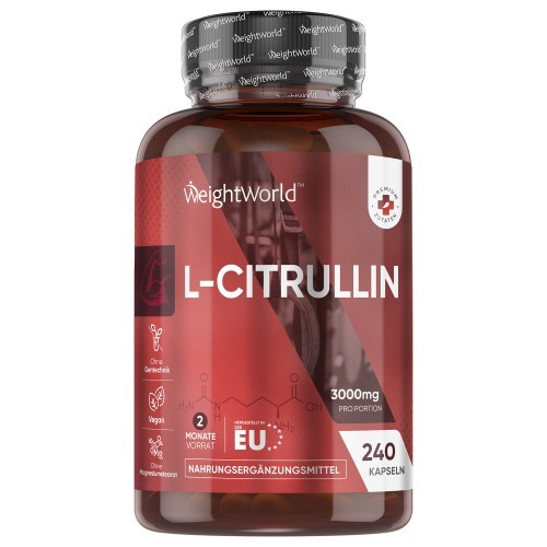 Dark amber bottle with a black and red label, featuring "100% Pure L-Citrulline 3000mg" text, 240 vegan capsules, and EU certification symbol.