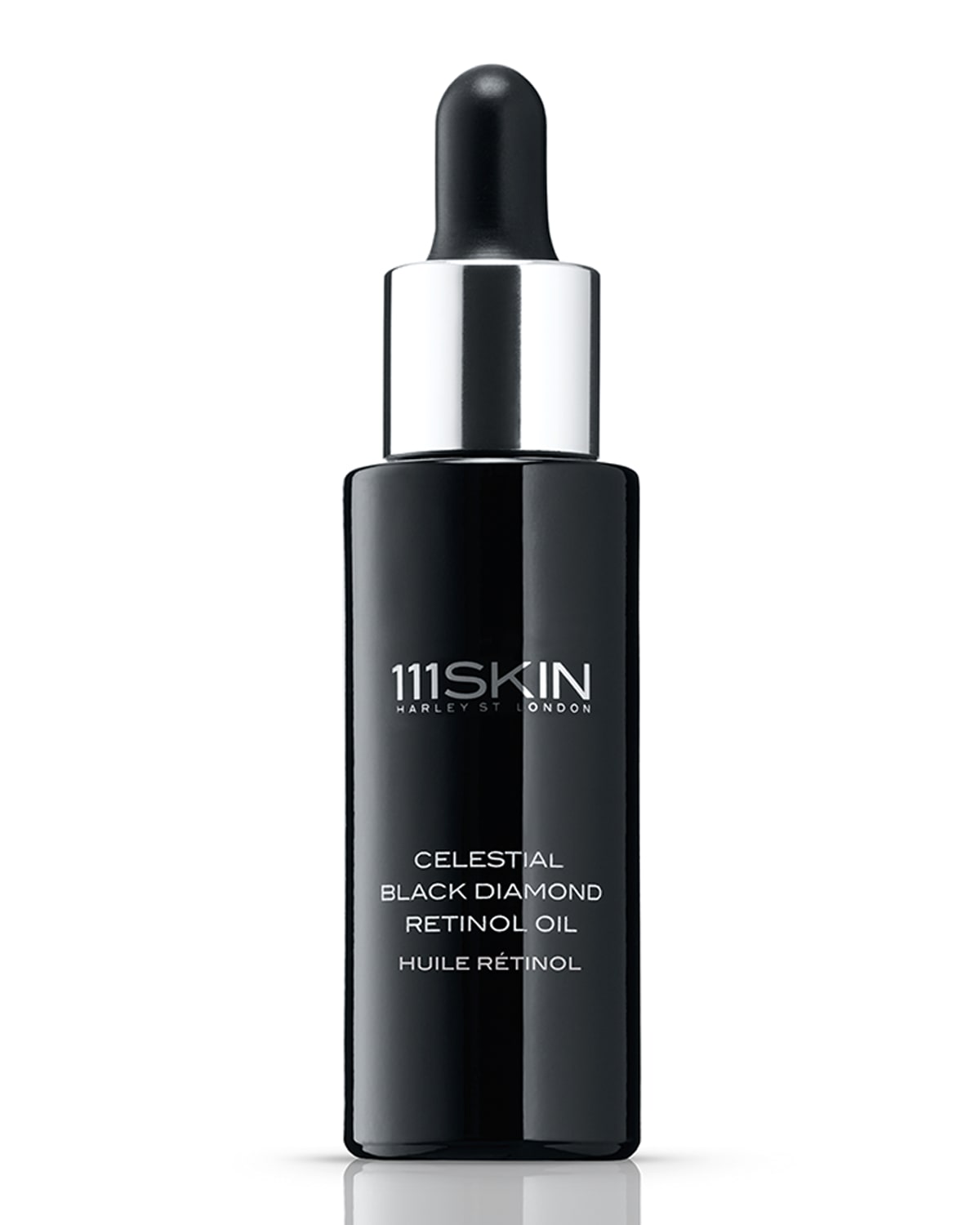 Sleek black glass bottle with a silver dropper cap, featuring white text that reads "111SKIN Celestial Black Diamond Retinol Oil" on the front.
