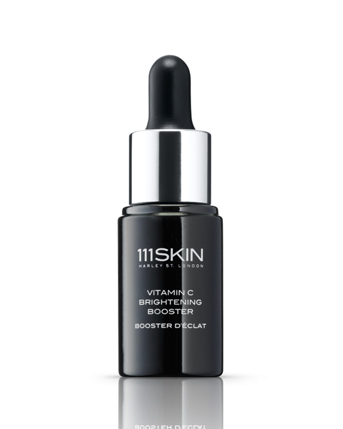 Black glass dropper bottle with a silver cap, labeled "111SKIN Vitamin C Brightening Booster," featuring a sleek, modern design.